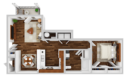 A 3D floor plan of a house with a kitchen, living room, and bedrooms.