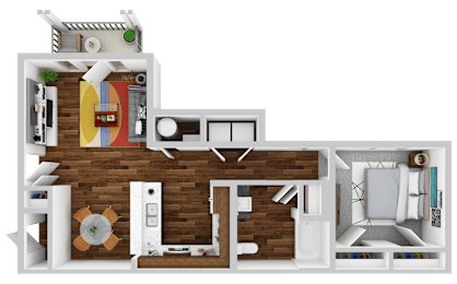 A 3D floor plan of a house with a kitchen, living room, and bedrooms.
