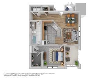 A 3D floor plan of a house with a living room, kitchen, dining room, and bathroom.