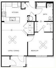 A black and white floor plan of a house with a kitchen, living/dining area, and bedroom.