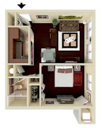 A small apartment with a kitchen, living room, and bathroom.