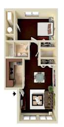 A floor plan of a house with a kitchen, living room, and two bedrooms.