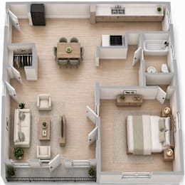 A top-down view of a well-organized apartment with a dining area, living room, and kitchen.