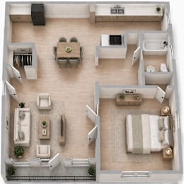 A top-down view of a well-furnished apartment with a living room, dining area, kitchen, and bedroom.