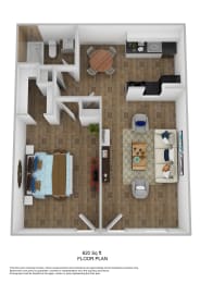 1 bed 1 bath floor plan at Azure Place Apartments, Tennessee, 38118