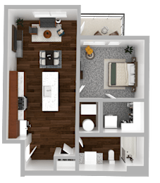 A top-down view of a small apartment with a kitchen, living room, and bathroom.