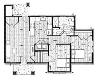 A black and white floor plan of a house with a kitchen, living room, and two bedrooms.