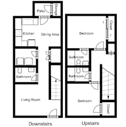 A black and white diagram of a two-story house with labeled rooms.