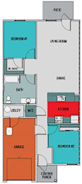A floor plan of a house with a garage, two bedrooms, a living room, a dining room, a kitchen, a bathroom, a utility room, and a patio.
