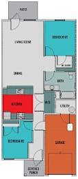 A floor plan of a house with a kitchen, two bedrooms, a bathroom, and a utility room.