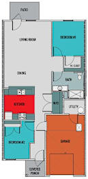 A floor plan of a house with a living room, dining area, kitchen, two bedrooms, bathroom, utility, garage, and covered porch.