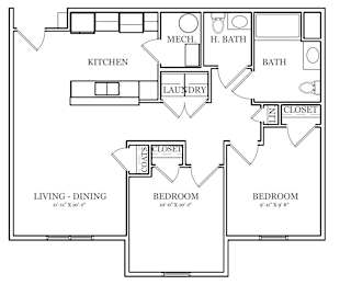 A top-down view of a house layout with a living room, kitchen, dining area, and bedrooms.