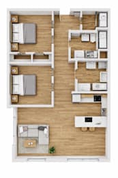 A top-down view of a modern apartment layout with a living room, kitchen, and bedrooms.