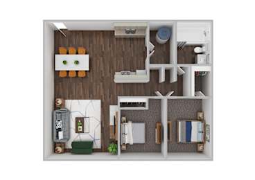 A 3D floor plan of a small apartment with a kitchen, living room, and bathroom.