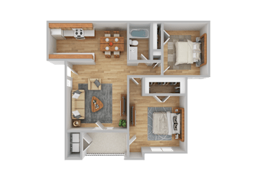 A top-down view of a house layout with a kitchen, living room, dining area, and bedrooms.