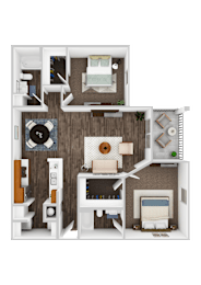 A 3D floor plan of a small apartment with a kitchen, living room, and bathroom.