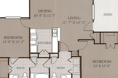 A floor plan of a house with a dining area, living room, kitchen, and two bedrooms.