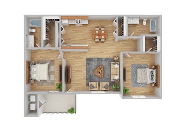 A top-down view of a house layout with a living room, kitchen, dining area, and two bedrooms.