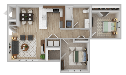 A top-down view of a house layout with a living room, dining area, kitchen, and bedrooms.