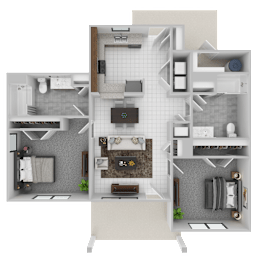 A 3D floor plan of a small apartment with a kitchen, living room, and bathroom.