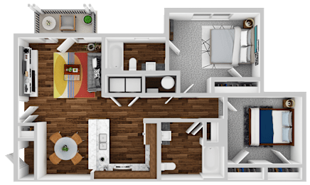 A 3D floor plan of a house with a kitchen, living room, and bedrooms.