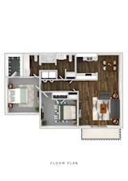 A floor plan of a house with a living room, kitchen, and two bedrooms.