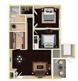 A floor plan of a small apartment with a bedroom, living room, and kitchen.