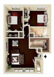 A 3D floor plan of a house with a kitchen, living room, and bedrooms.