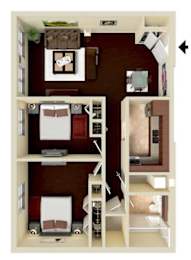A 3D floor plan of a small apartment with a bedroom, living room, and kitchen.