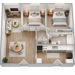 A top-down view of a small apartment with two bedrooms, a living room, a kitchen, and a bathroom.