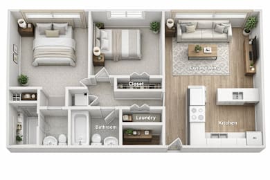 A top-down view of a house layout showing a bedroom, living room, kitchen, bathroom, and laundry area.