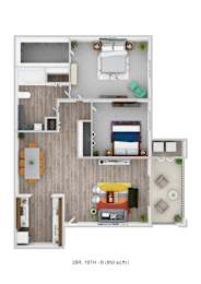 A floor plan of a 2BR, 1BTH apartment with a living room, kitchen, and two bedrooms.
