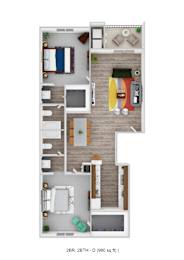 A floor plan of a 2 bedroom, 2 bathroom apartment sized 980 square feet.