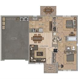 A floor plan of a house with a garage, two bedrooms, a living area, a dining room, a kitchen, a bathroom, a front porch, and a storage area.