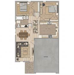 A floor plan of a house with a garage, living room, dining room, kitchen, and two bedrooms.