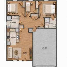 A floor plan of a house with labeled rooms including three bedrooms, two bathrooms, a kitchen, a living room, and a garage.