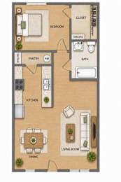 A floor plan of a small apartment with a bedroom, living room, kitchen, and bathroom.
