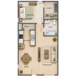 A floor plan of a house with a bedroom, living room, kitchen, dining room, bathroom, pantry, and closet.