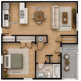 A floor plan of a house with a kitchen, dining room, living room, bedroom, bathroom, and covered porch.