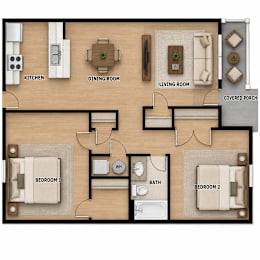 A floor plan of a house with two bedrooms, a living room, a dining room, a kitchen, a bathroom, and a covered porch.