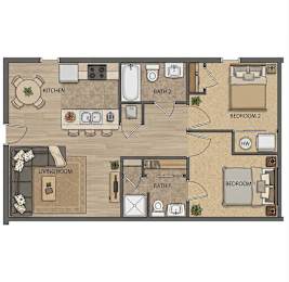 A floor plan of a house with two bedrooms, a living room, a kitchen, and two bathrooms.