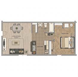 A floor plan of a house with a living room, dining room, kitchen, bathroom and bedroom.
