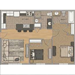 A floor plan of a small apartment with two bedrooms, a living room, a kitchen, and two bathrooms.