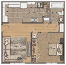 A floor plan of a house showing a living room, kitchen, pantry, bathroom, and bedroom.