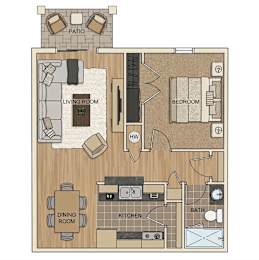 A floor plan of a house with a living room, dining room, kitchen, bathroom, and bedroom.