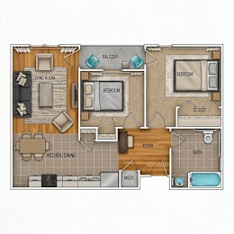 A floor plan of a house with a living room, kitchen, two bedrooms, a bathroom, and a foyer.