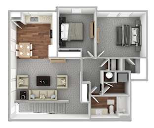 A 3D floor plan of a small apartment with a living room, kitchen, and bedroom.