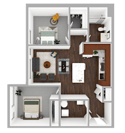 A 3D floor plan of a house with a kitchen, living room, and bathroom.