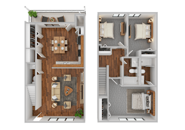 A floor plan of a two-bedroom apartment with a living room, kitchen, and bathroom.