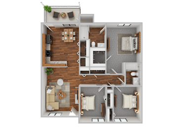 A top-down view of a house layout with a living room, dining area, kitchen, and two bedrooms.
